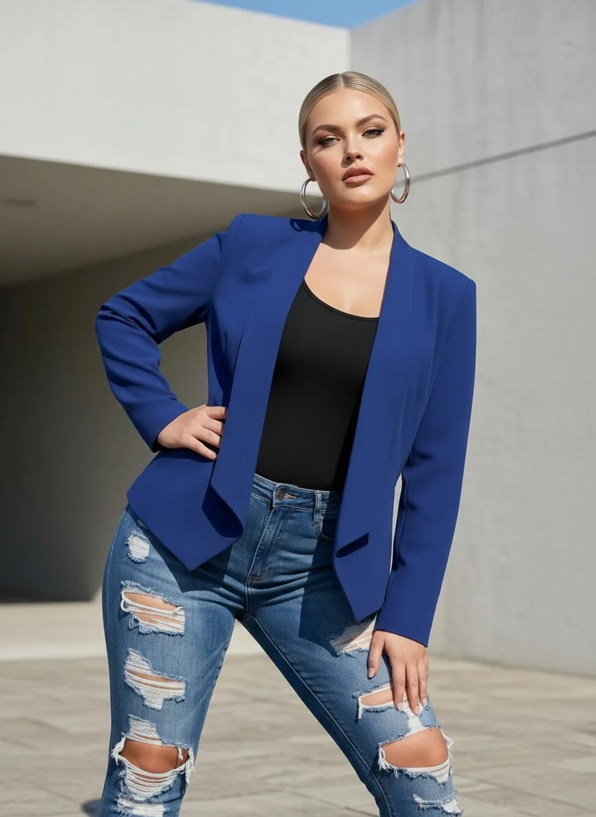 AI-generated fashion model — blue blazer editorial