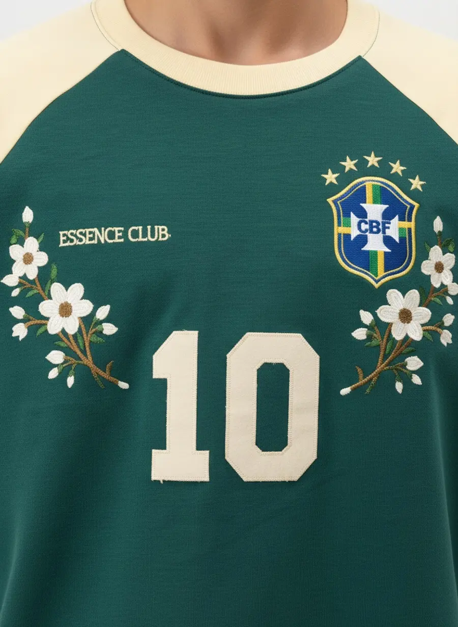 Close-up macro of an embroidered five-star crest, floral sprays and appliqué number 10 on a green raglan tee