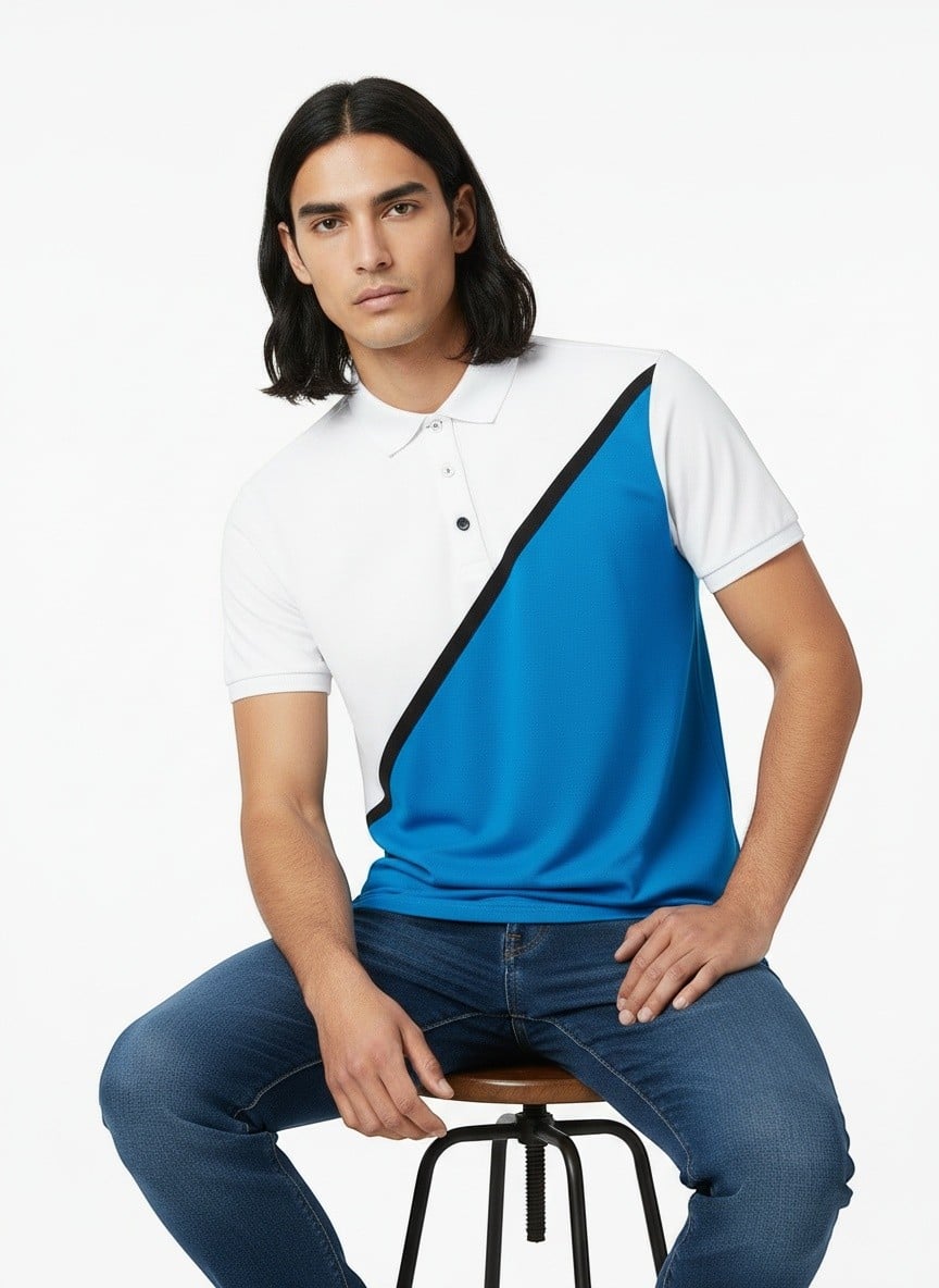 AI-generated fashion photo seated stool top focus angle