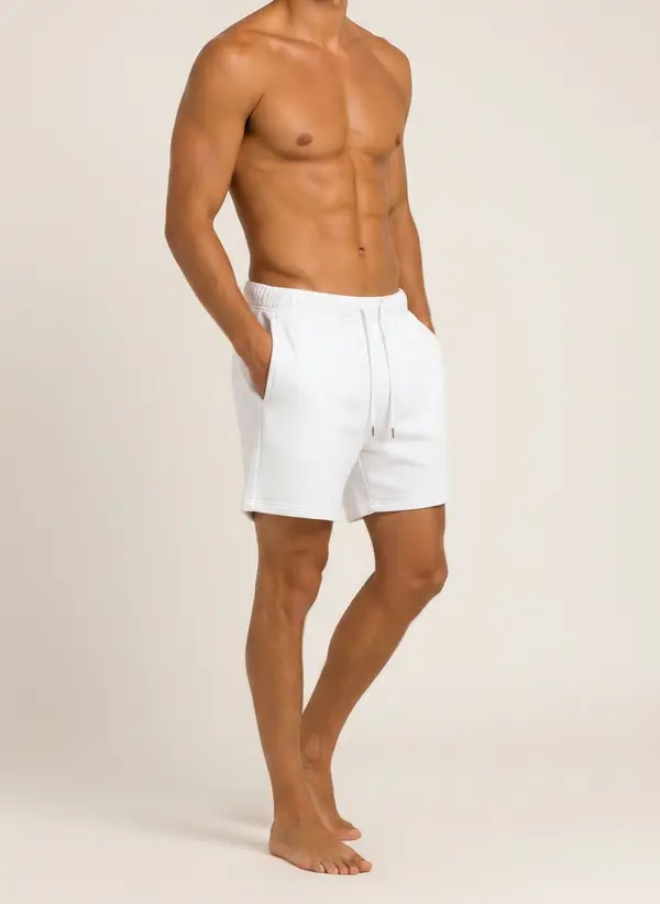 Future Homme ivory lounge short, walking three-quarter frame, on an AI male model in a warm studio