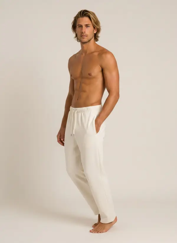 Future Homme cream straight lounge pant, three-quarter turn, on an AI male model in a warm studio