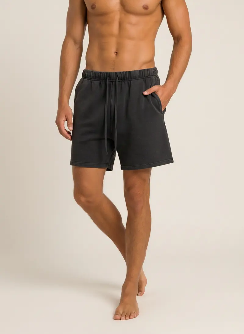 Graphite lounge short shot bare-chest mid-stride, on an AI male model against a warm sand backdrop