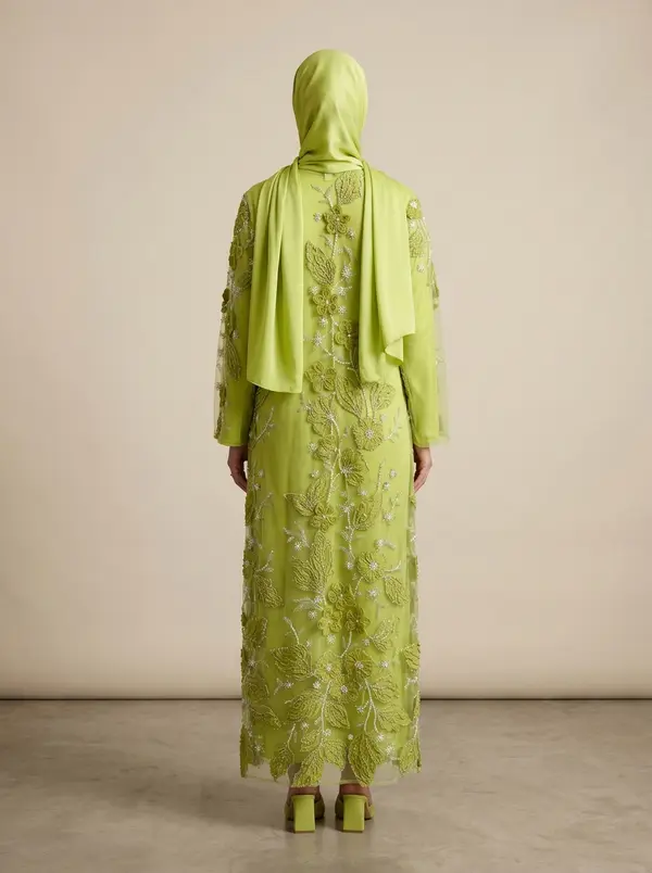 Modest Valoria lime abaya set, full back view showing embroidery placement across the panel