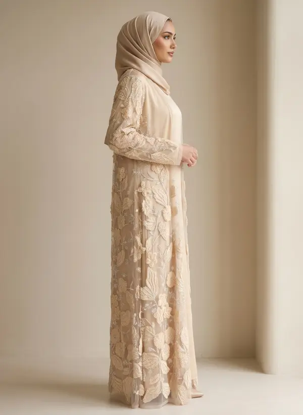 Modest Valoria champagne abaya set, side profile full length