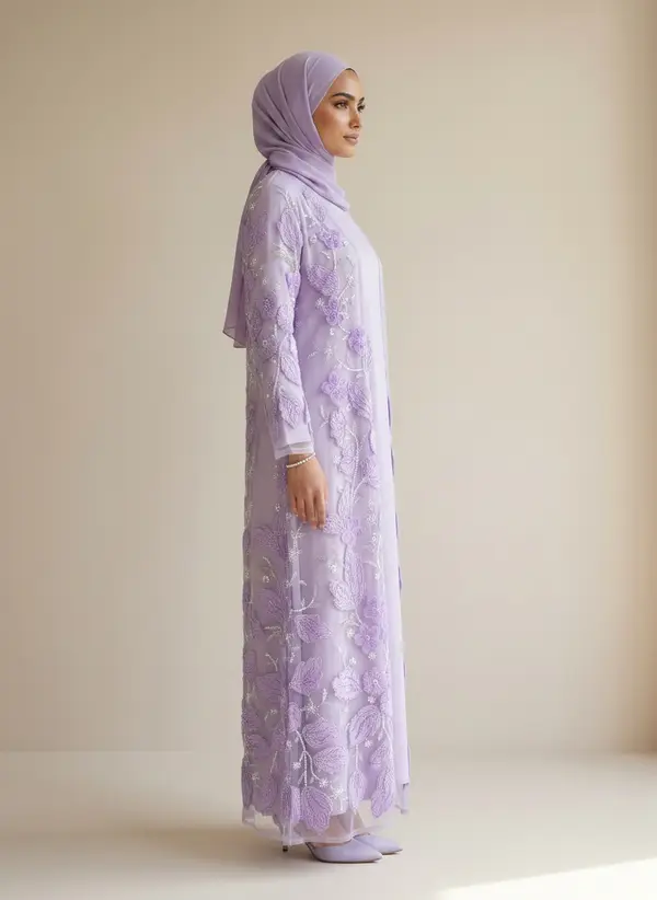 Modest Valoria lilac abaya set, side profile full length