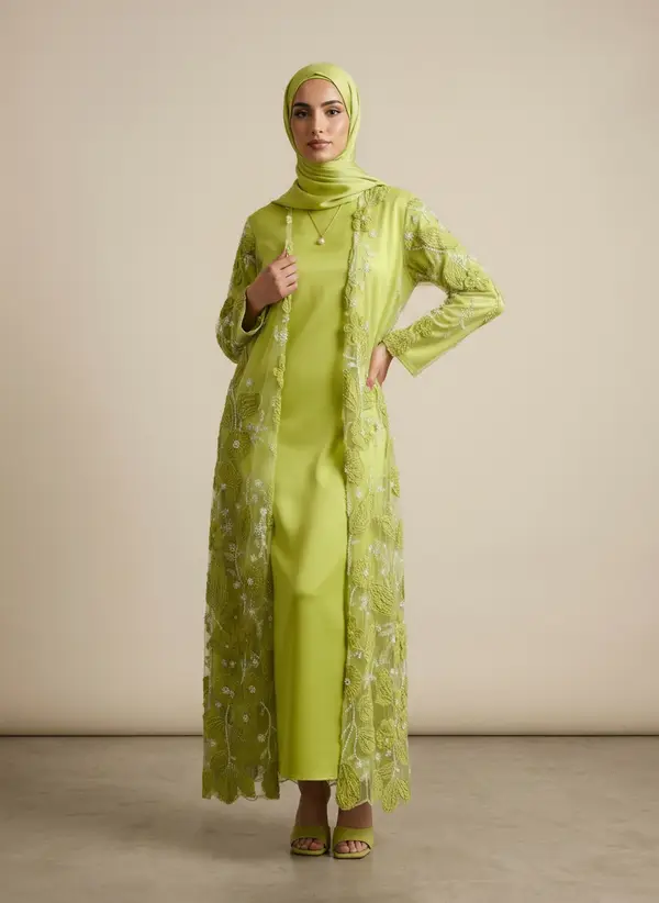 Modest Valoria lime abaya set, three-quarter with hand on hip
