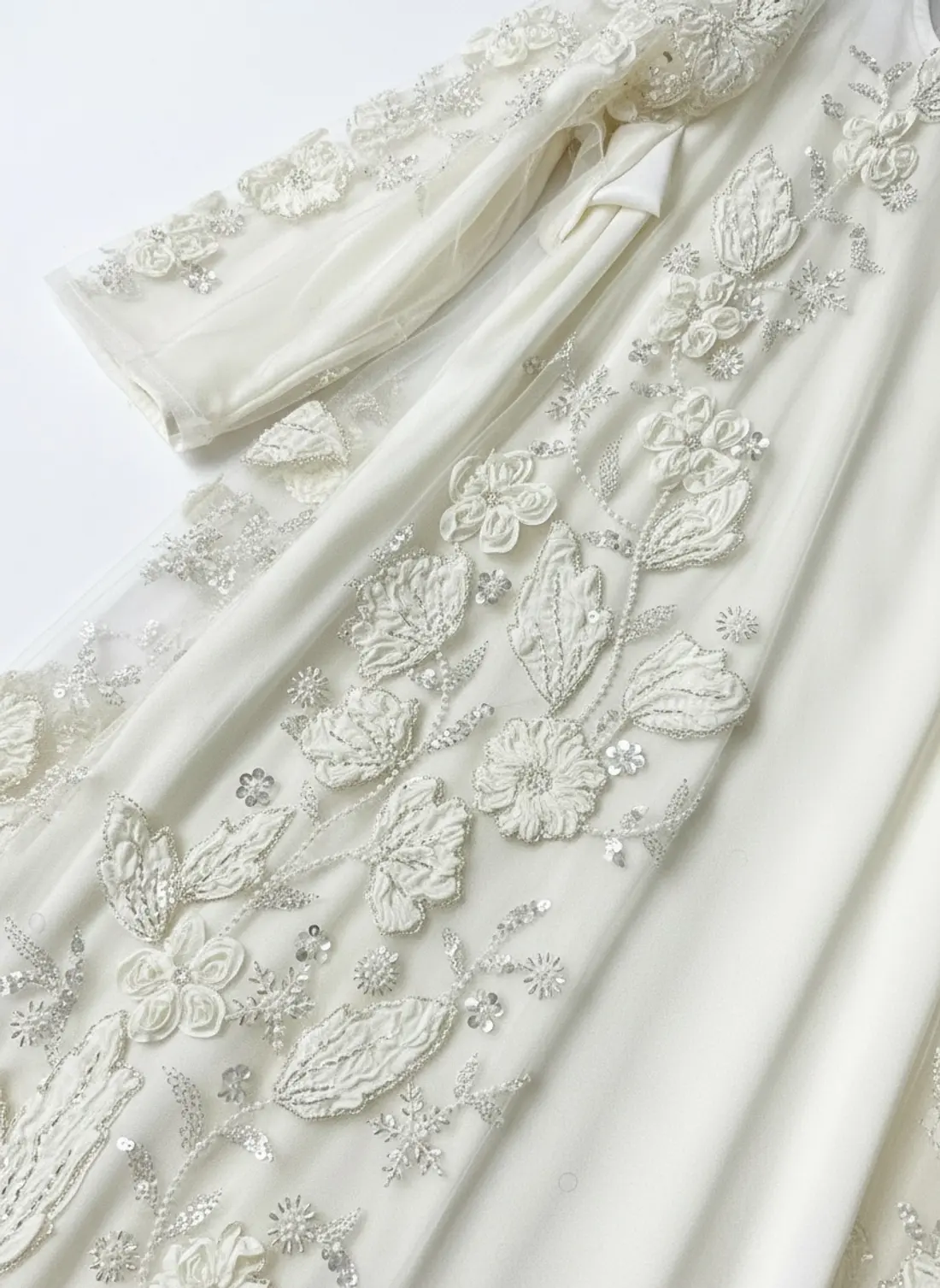 Modest Valoria ivory abaya embroidery macro showing raised 3D floral appliqué and beadwork on sheer tulle