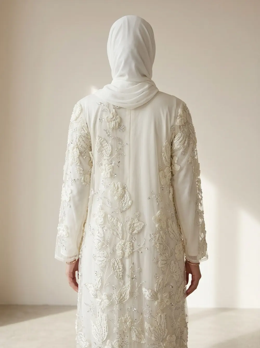 Modest Valoria ivory abaya back view showing the full embroidered panel and the hijab from behind