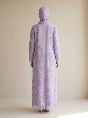 Modest Valoria embroidered open abaya in lilac, alternate angle 3