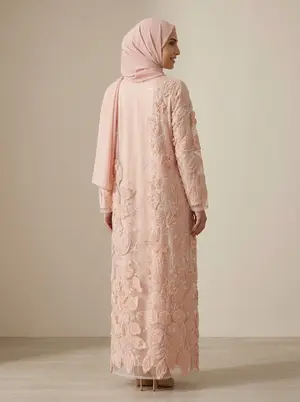 Modest Valoria embroidered open abaya in blush, alternate angle 3