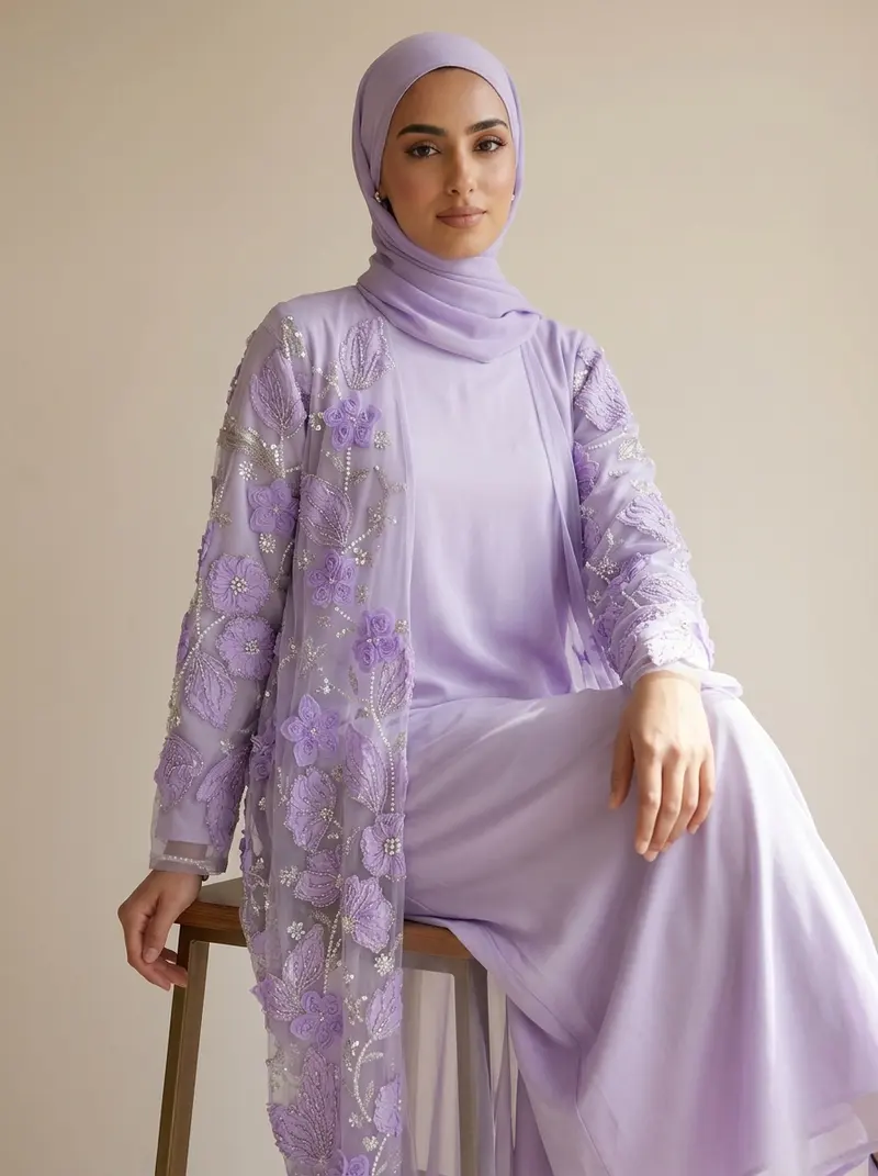 Lilac embroidered open abaya over a satin under-dress, seated with the hijab intact, on an AI female model