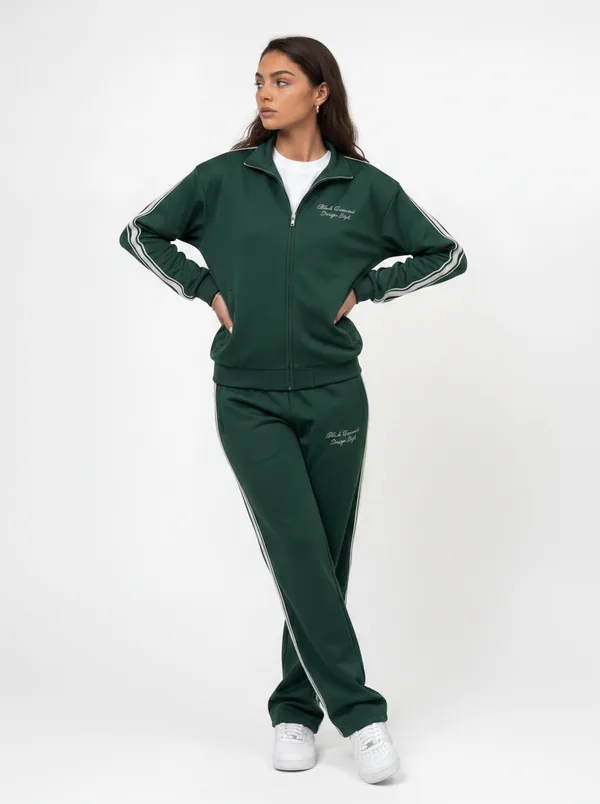 MODA AI unified catalog shot — green zip-up tracksuit on model, full-length cohesive studio styling