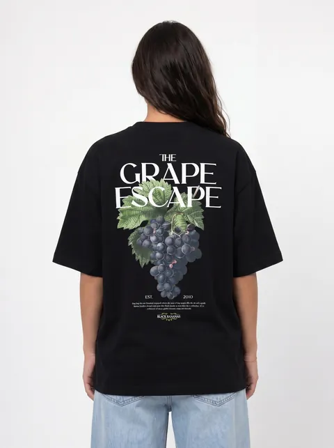 AI-generated back-view model shot showing the "The Grape Escape" grape graphic print