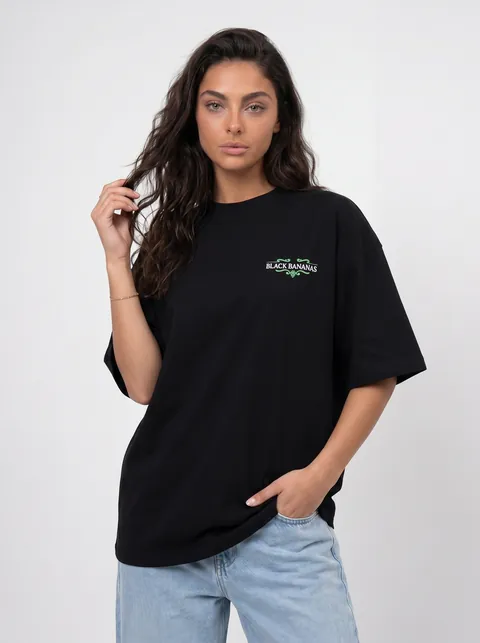 AI-generated front-facing lifestyle pose — model in black branded tee