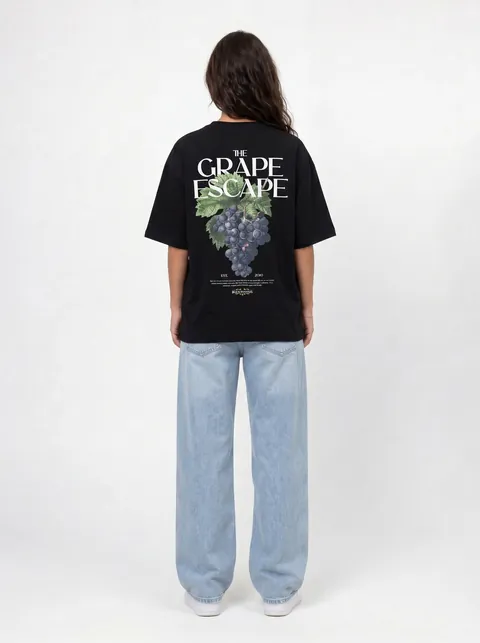 AI-generated full-length back view — black graphic tee with wide-leg jeans and sneakers