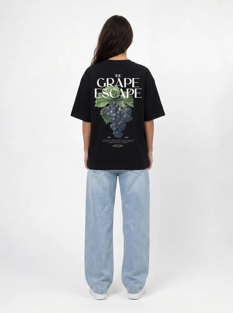 AI-generated full-length back-view hero shot — black "The Grape Escape" graphic tee