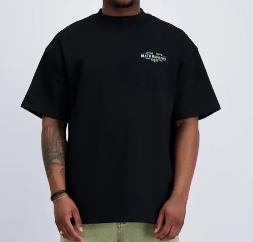 Black branded oversized t-shirt front view — raw product sample input before MODA AI virtual photoshoot