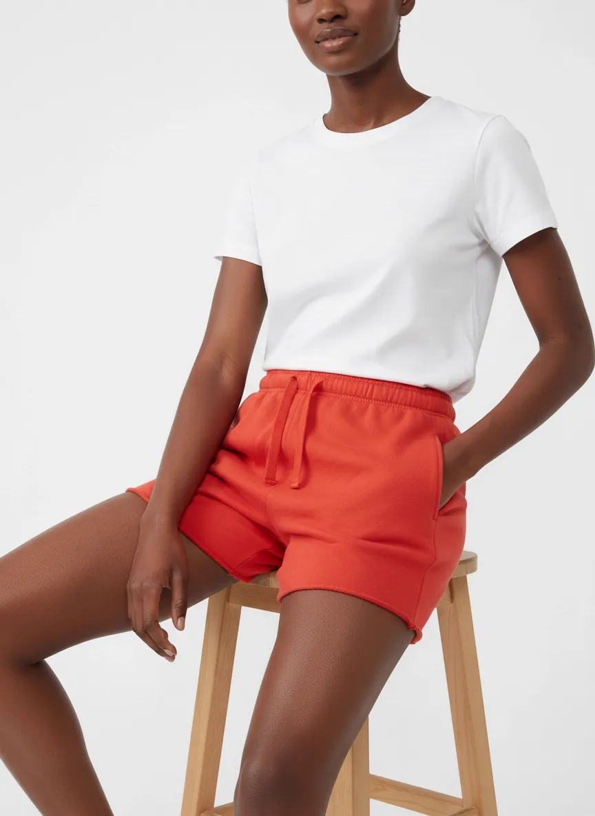MODA AI catalog output — Black model seated on wooden stool in white tee and red sweat shorts, editorial PDP styling