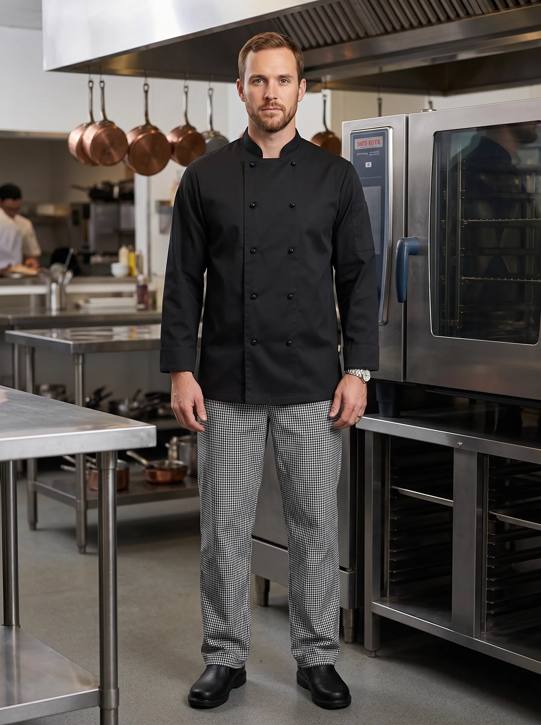 MODA AI output — male chef in classic black double-breasted long-sleeve chef coat with houndstooth chef pants in a real commercial kitchen, hanging copper pans and stainless steel convection oven visible, sous chef working at prep station in background, demonstrating in-environment catalog imagery