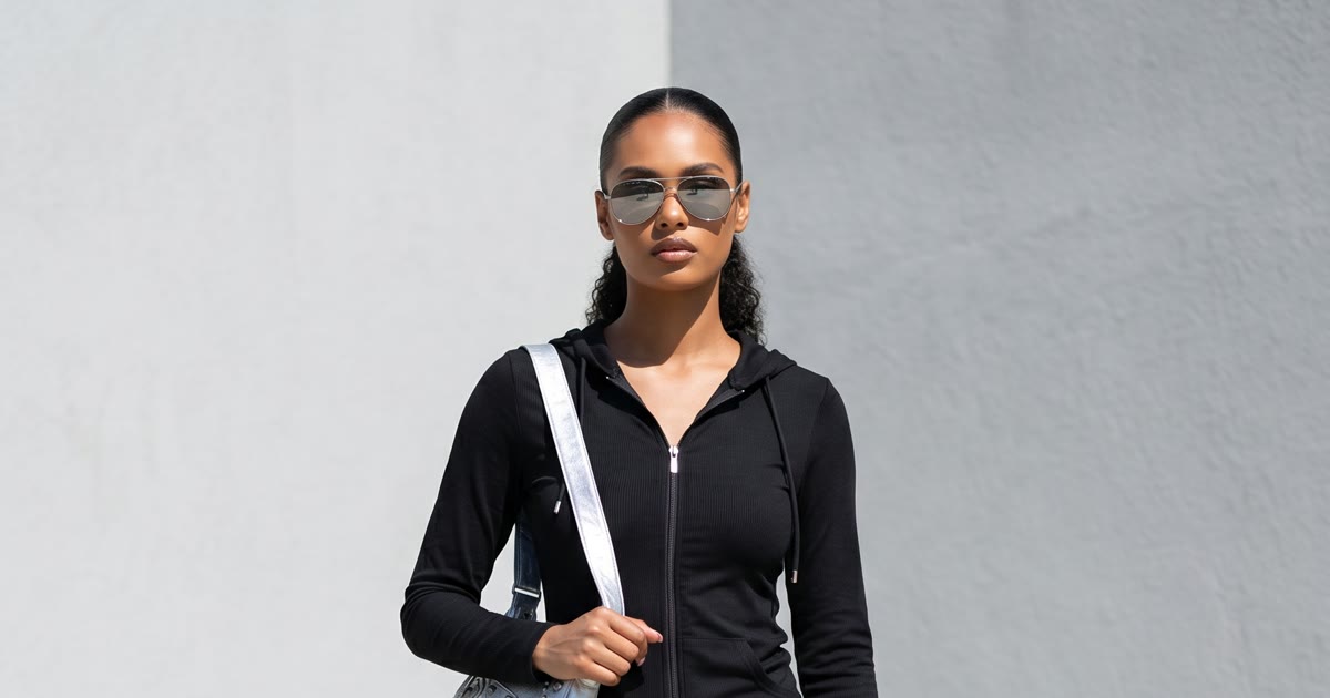 MODA AI recataloging — model in black athleisure with silver crossbody bag and aviator sunglasses against sunlit urban wall, demonstrating seasonal product photography refresh for Shopify boutiques