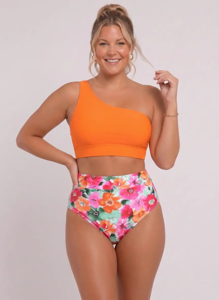 MODA AI swimwear catalog output 1 — body-inclusive swim photography demonstrating range across colorways, garment styles, and body types for Shopify swim brands