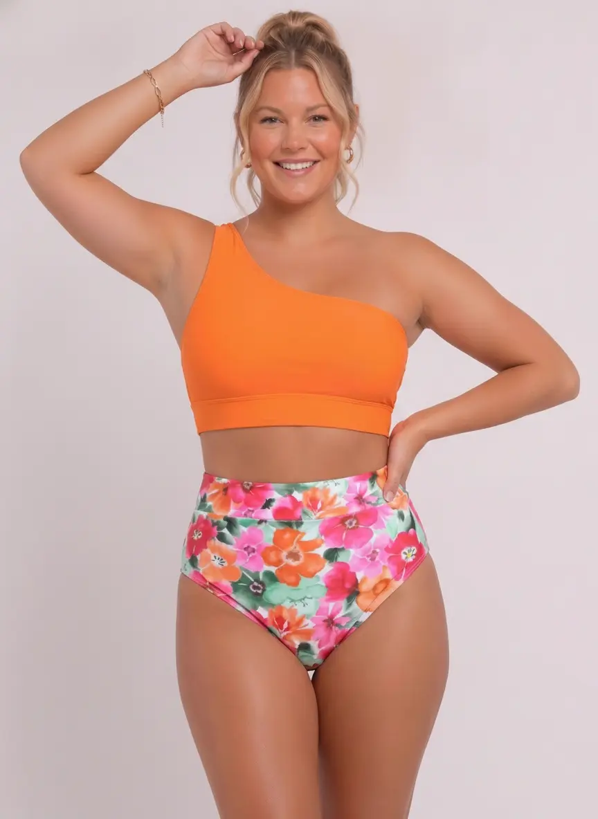 MODA AI swimwear catalog output 4 — body-inclusive swim photography demonstrating range across colorways, garment styles, and body types for Shopify swim brands