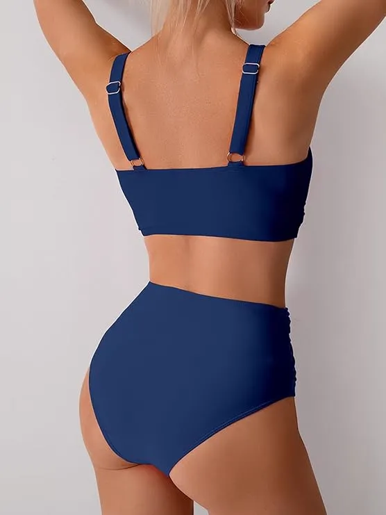Input flat lay — navy bikini back view with adjustable straps and ruched-front high-waist bottoms