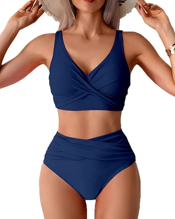 Input flat lay — navy twist-front bikini top with matching high-waist bottoms on white background, used as MODA AI source garment
