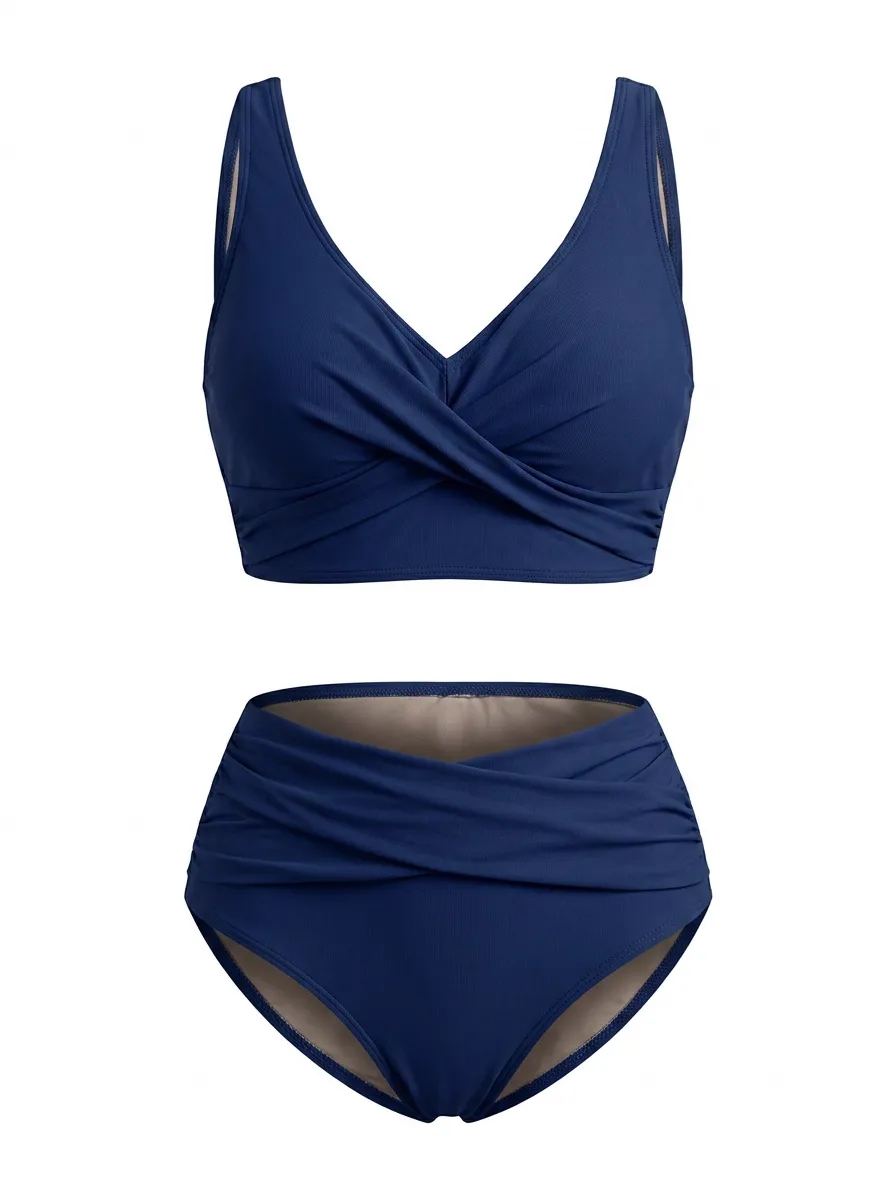 MODA AI swimwear output 10 — slim brunette model in navy twist-front bikini, demonstrating consistent twist construction and rise position across catalog angles