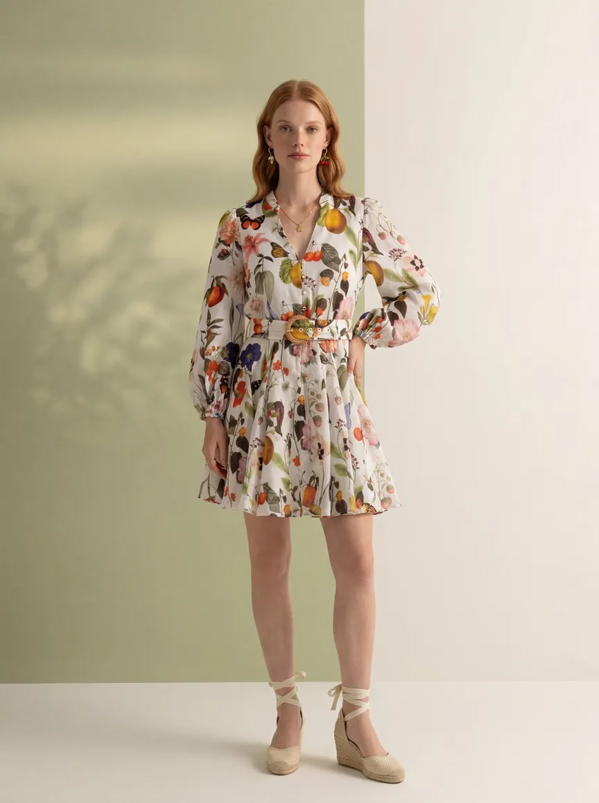 MODA AI catalog output from the Botika head-to-head — floral dress on a studio backdrop