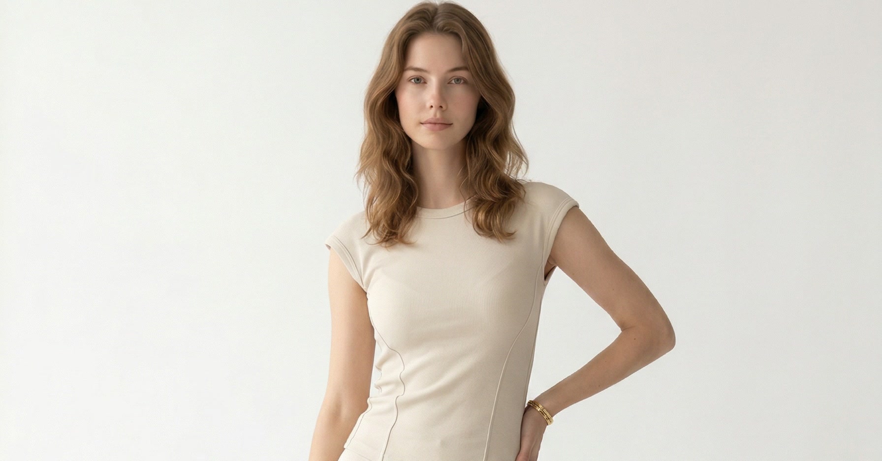 AI-generated model wearing cream comfortwear set — cohesive collection photography