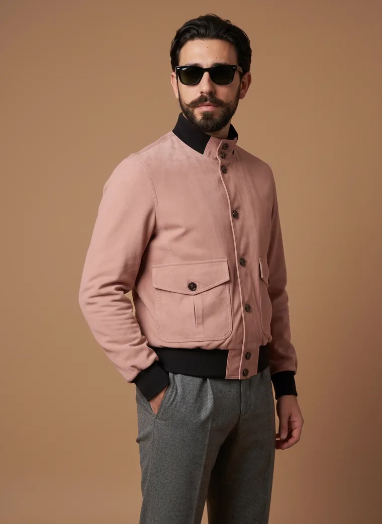 A dusty blush bomber jacket worn with grey wool trousers and a black roll neck against a warm caramel backdrop. FW26 look 01, Relaxed Bomber in Blush, frame 1 of 5