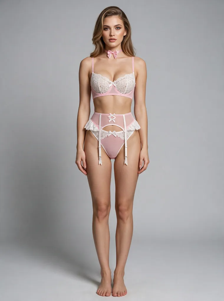 A white lace and pink bunny roleplay set with a pink bow collar, lace underwire bra, ruffled garter belt with suspenders and a pink pom-pom tail, on a grey studio ground. Bunny Roleplay Set in white and pink, frame 2 of 5