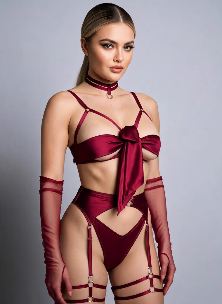 A burgundy satin gift-wrap harness set tied with a large front bow, with a matching choker, sheer opera gloves and thigh garters, on a grey studio ground. Gift-Wrap Harness Set in burgundy, frame 3 of 5