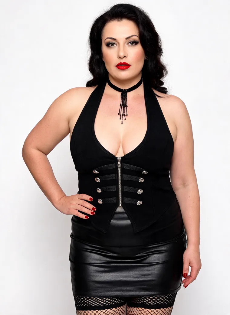 A black halter corset top with silver clasp fastenings and a beaded choker, worn with a black wet-look mini skirt, fishnet stay-ups and platform heels, on a plus-size model in her late forties against a white studio wall. Corset Halter and Wet-Look Skirt in black, frame 2 of 5