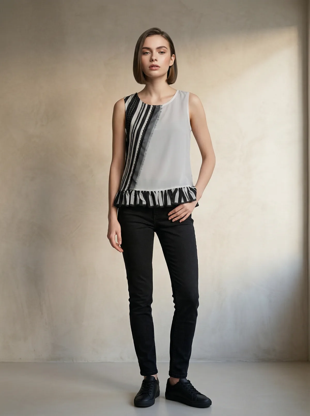 MODA AI output — a woman standing in a sleeveless top with vertical black-and-white embroidered stripes and a ruffle hem, black trousers, generated on-model from a flat-lay input