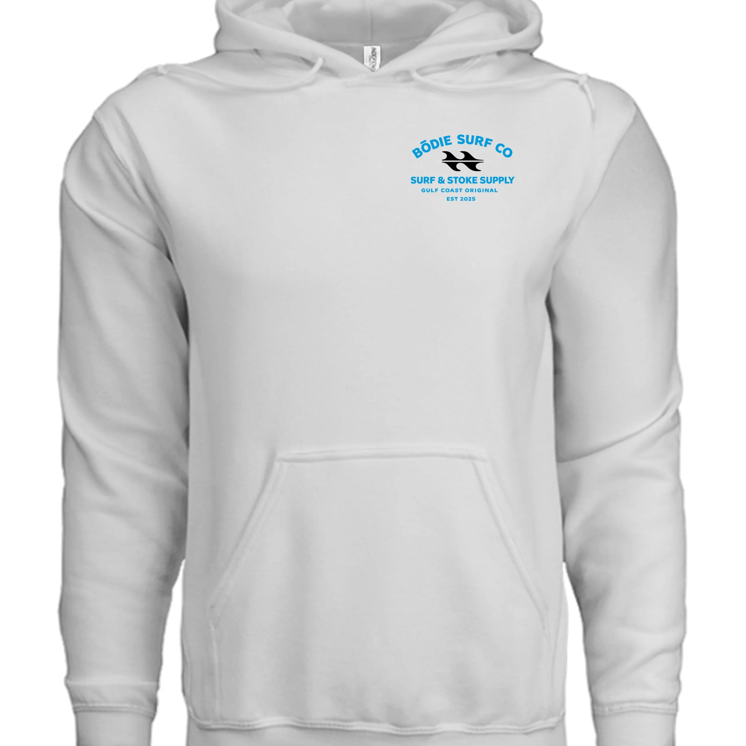 Input flat lay — white hoodie with small Bödie Surf Co Surf & Stoke Supply circular badge on chest, used as MODA AI source