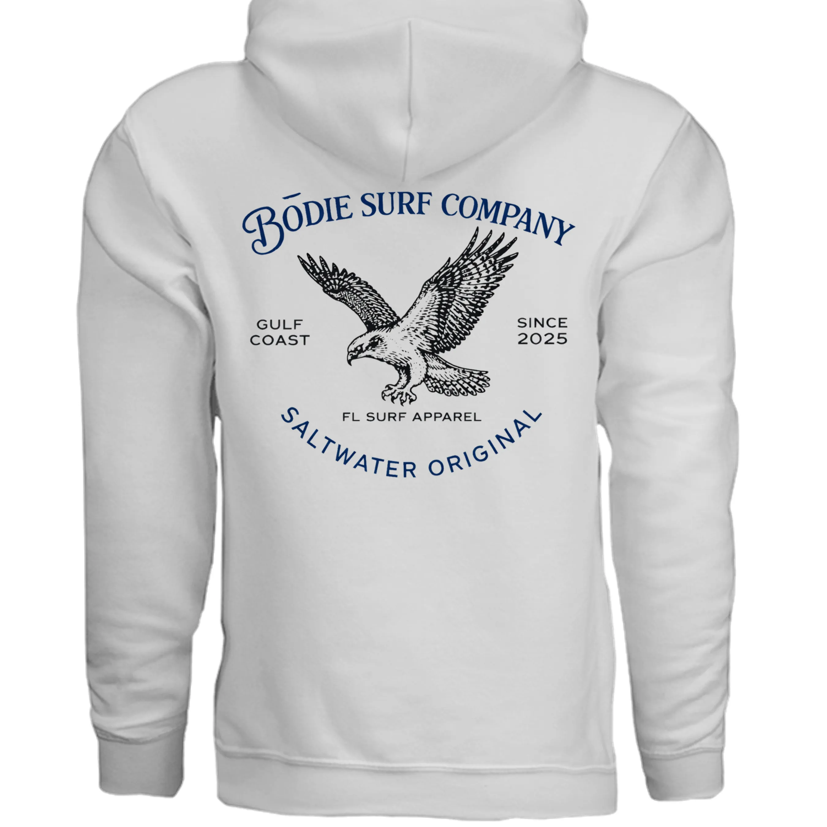 Input flat lay — white hoodie back with large Bödie Surf Company eagle crest showing Gulf Coast, Since 2025, FL Surf Apparel, Saltwater Original text
