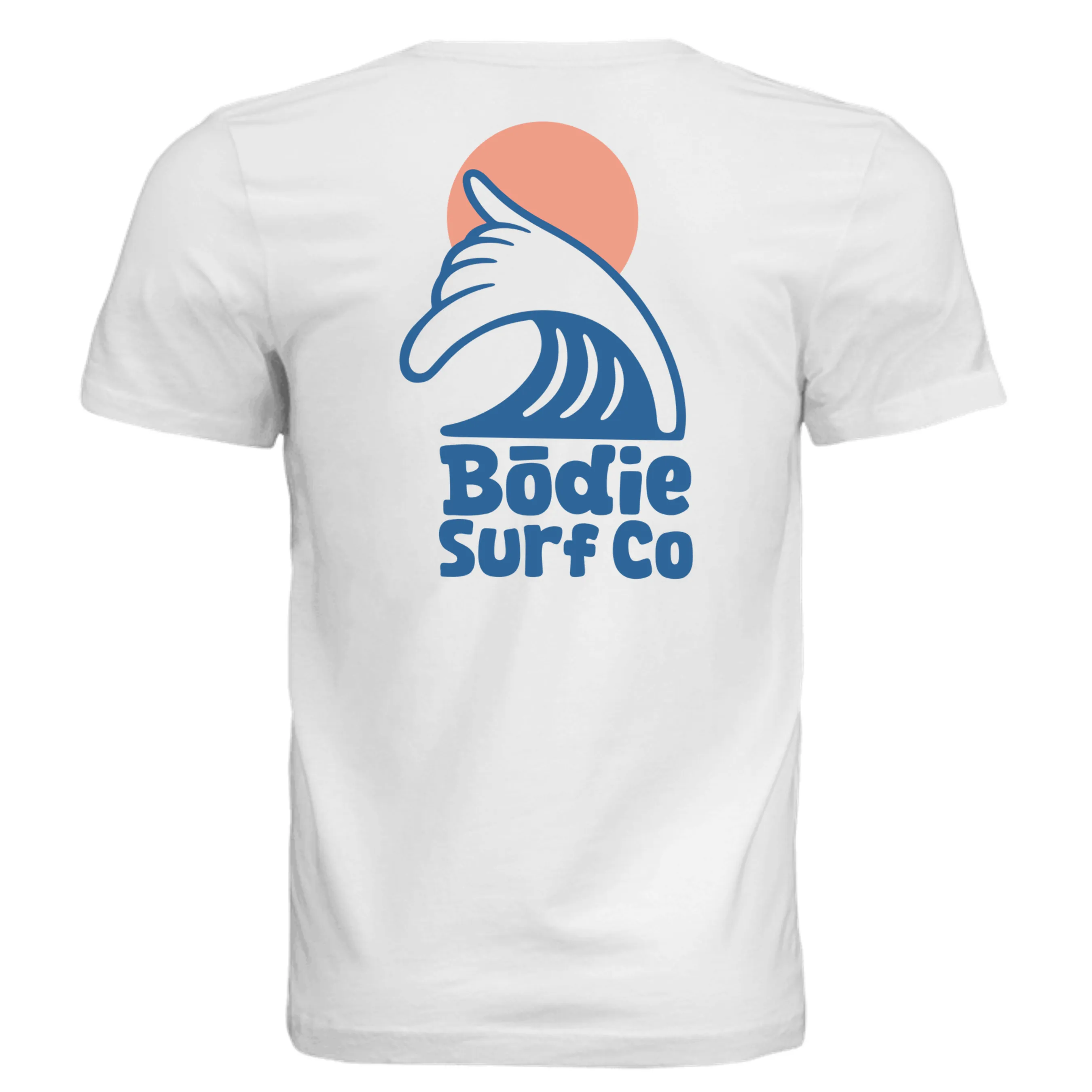 Input flat lay — white tee back with large Bödie Surf Co wave and sun logo