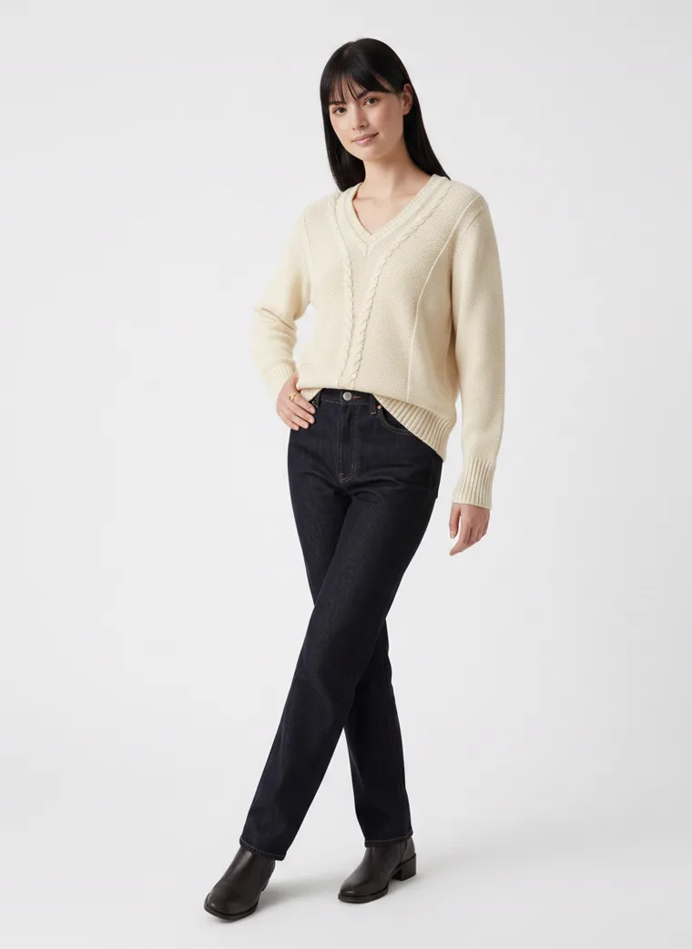A cream cable knit v-neck jumper with black straight jeans on pale grey. Cable Knit V-Neck in Cream, frame 2 of 5