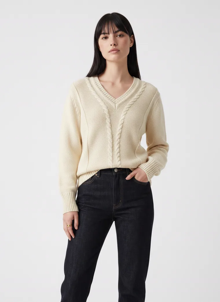 A cream cable knit v-neck jumper with black straight jeans on pale grey. Cable Knit V-Neck in Cream, frame 5 of 5
