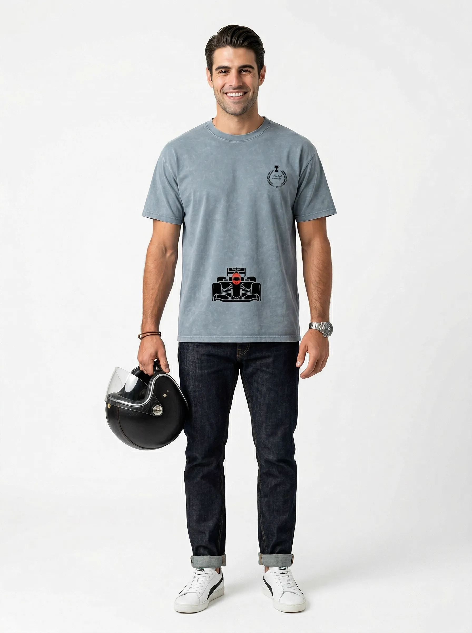 AI-generated male model wearing graphic tee — full on-model product photography from a flat lay input