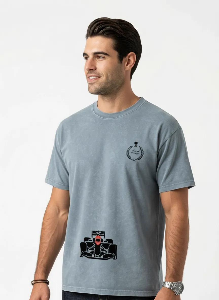 AI-generated — graphic tee walking pose