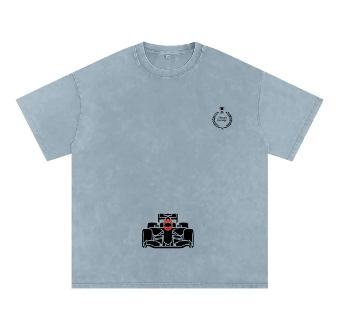 Graphic tee flat lay — front view with racing car print