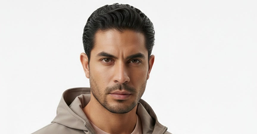 AI-generated male model wearing athleisure windbreaker — menswear product photography