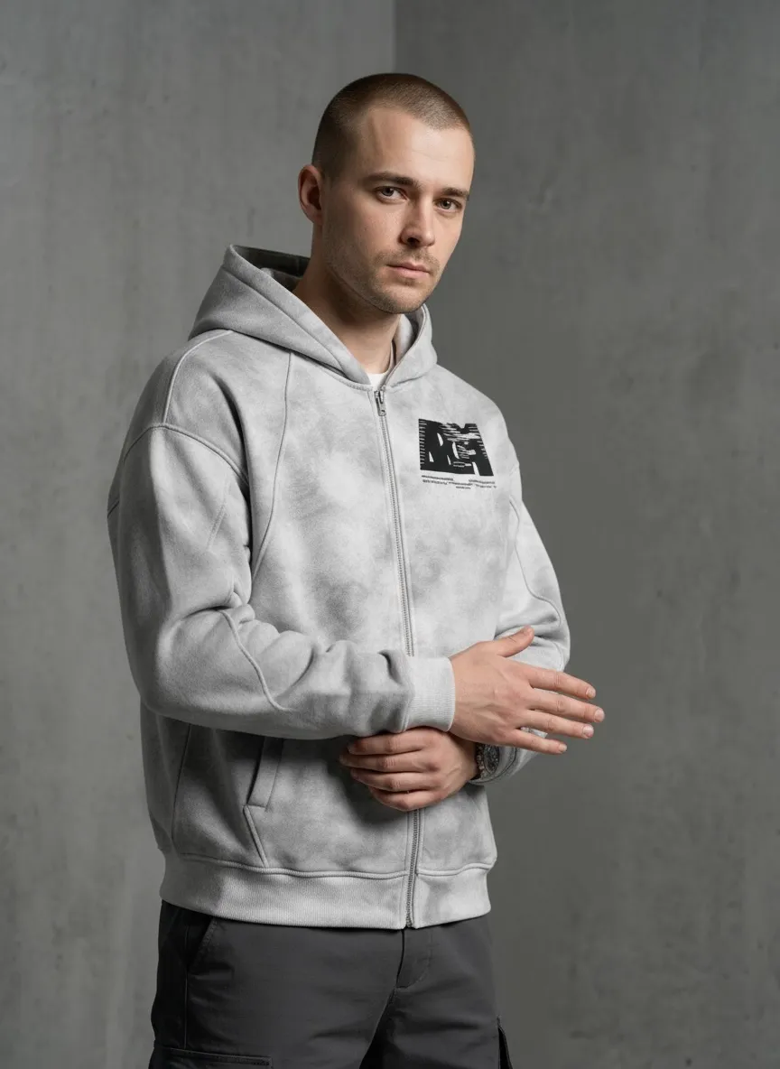 AI-generated — male model wearing zip-up hoodie, editorial three-quarter angle