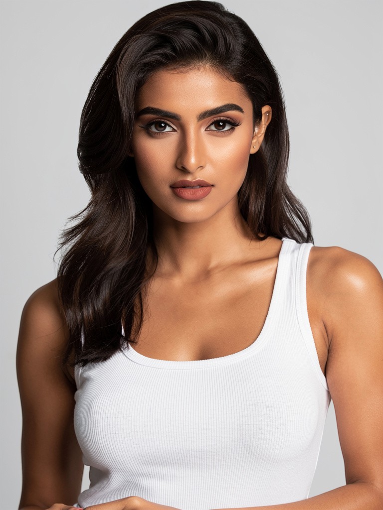 Face reference — model with long dark hair