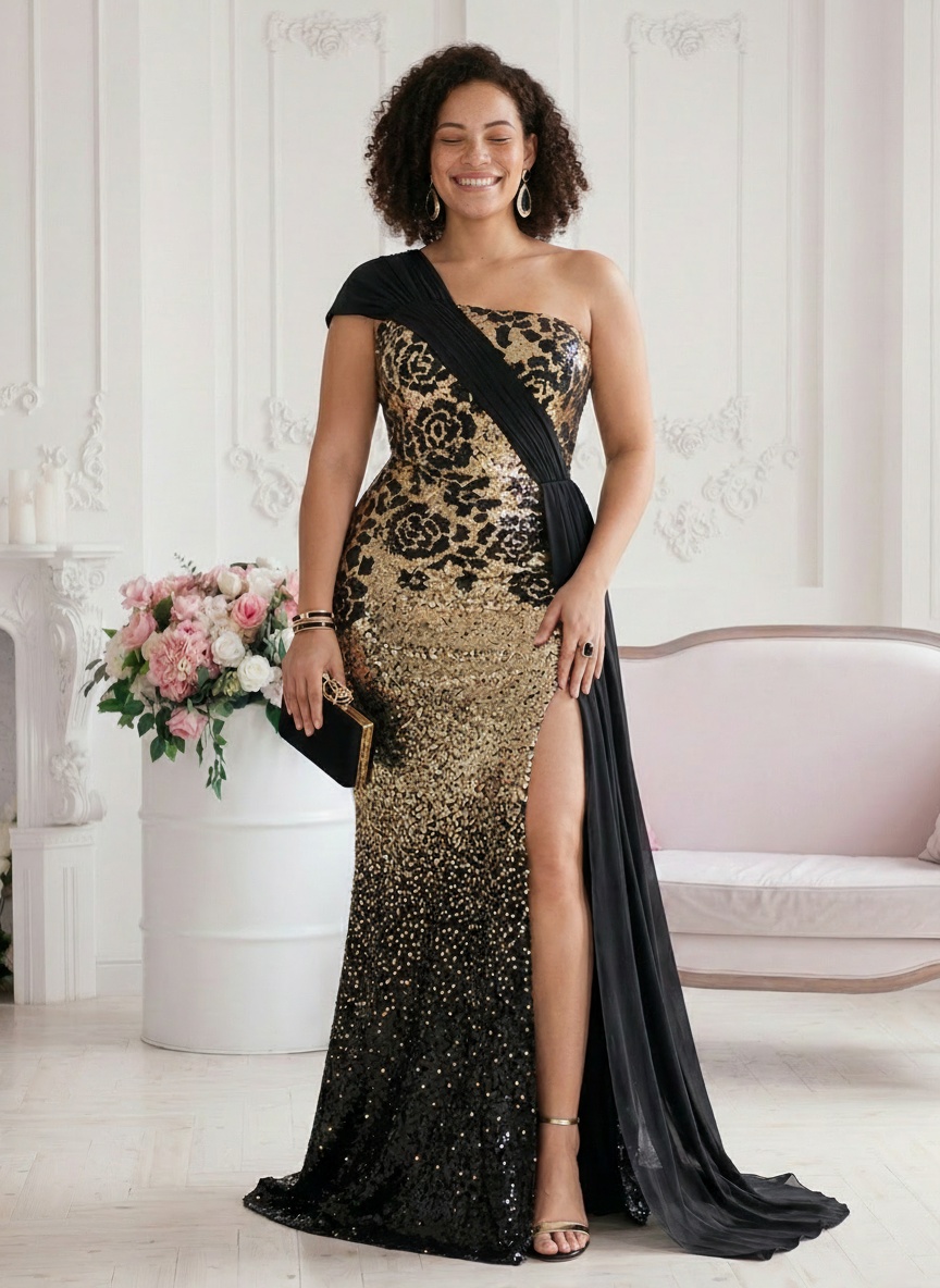 AI-generated luxury editorial — sequin gown in ornate French interior with roses