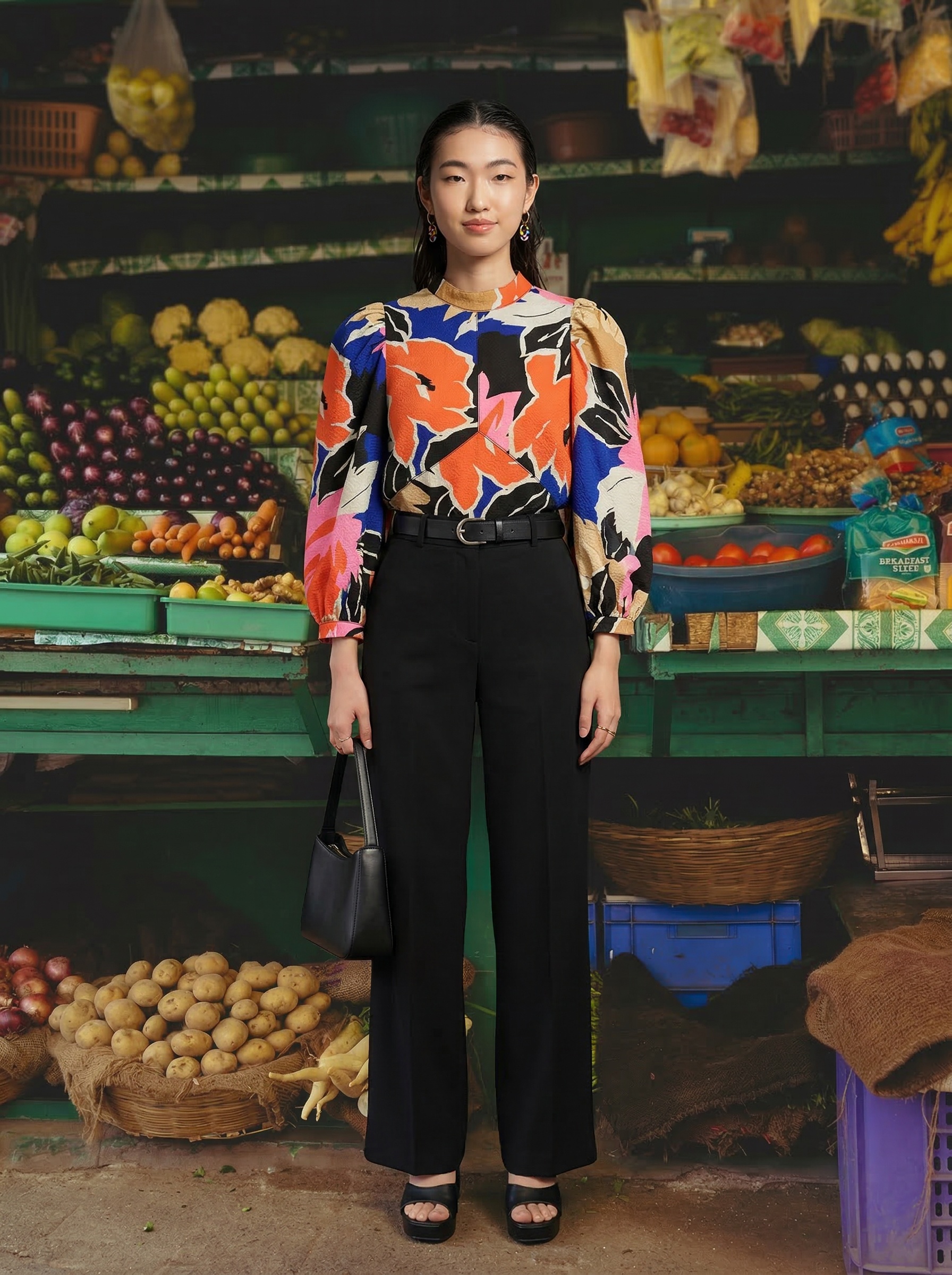Full front view — floral top with black trousers in market