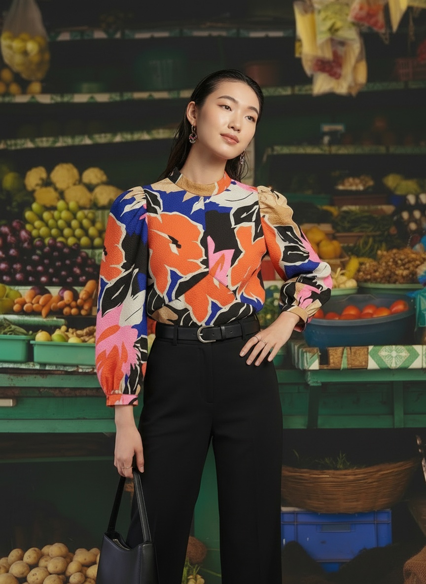 AI-styled fashion editorial — bold floral top in a vibrant market setting